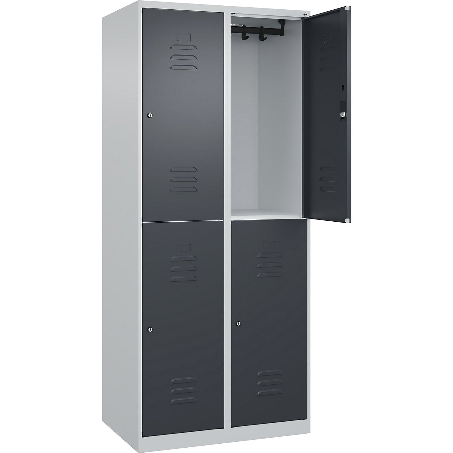 Classic PLUS double deck clothes locker, 2 compartments, light grey/grey, HxW 1850 x 800 mm, with floor glides, cylinder lock.