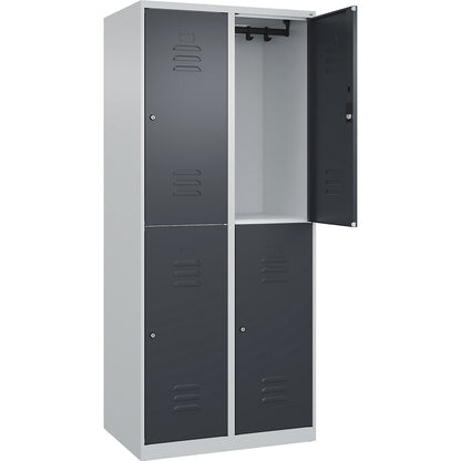 Classic PLUS double deck clothes locker, 2 compartments, light grey/grey, HxW 1850 x 800 mm, with floor glides, cylinder lock.
