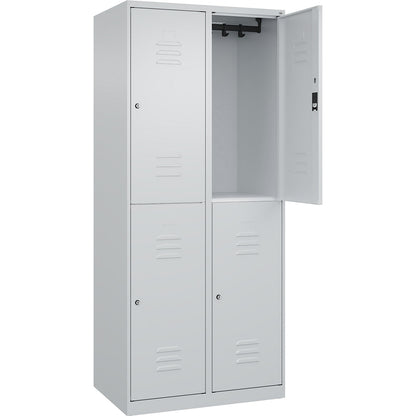 Classic PLUS double deck clothes locker, 2 compartments, light grey, HxW 1850 x 800 mm, with floor glides, cylinder lock.