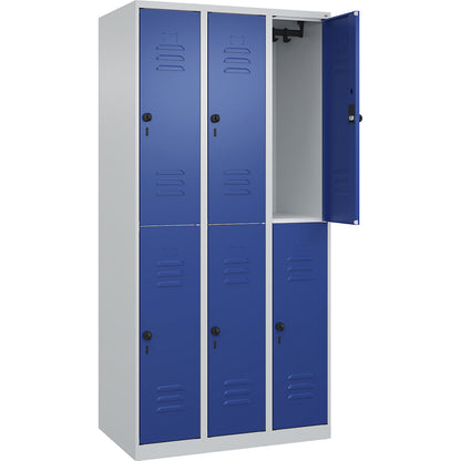 Classic PLUS double deck clothes locker, 3 compartments, light grey/gentian blue, HxW 1850 x 900 mm, with floor glides, rotary bolt.