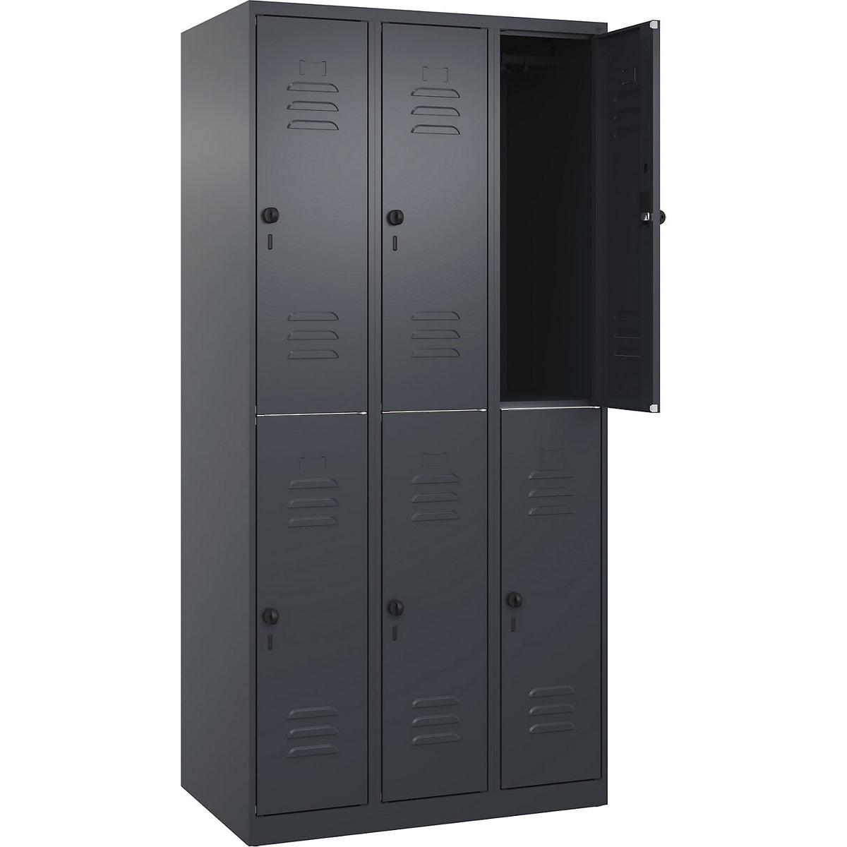 Classic PLUS double deck clothes locker, 3 compartments, grey, HxW 1850 x 900 mm, with floor glides, rotary bolt.