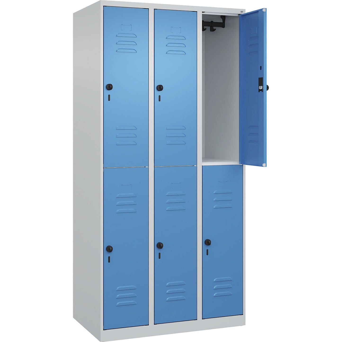 Classic PLUS double deck clothes locker, 3 compartments, light grey/light blue, HxW 1850 x 900 mm, with floor glides, rotary bolt.
