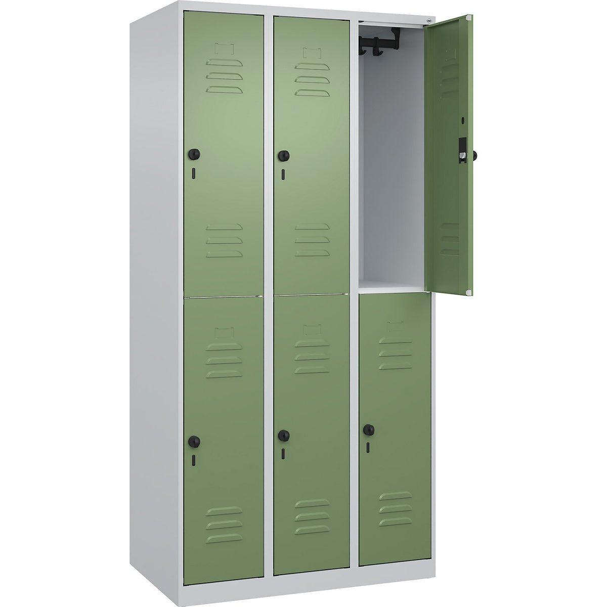 Classic PLUS double deck clothes locker, 3 compartments, light grey/reseda green, HxW 1850 x 900 mm, with floor glides, rotary bolt.
