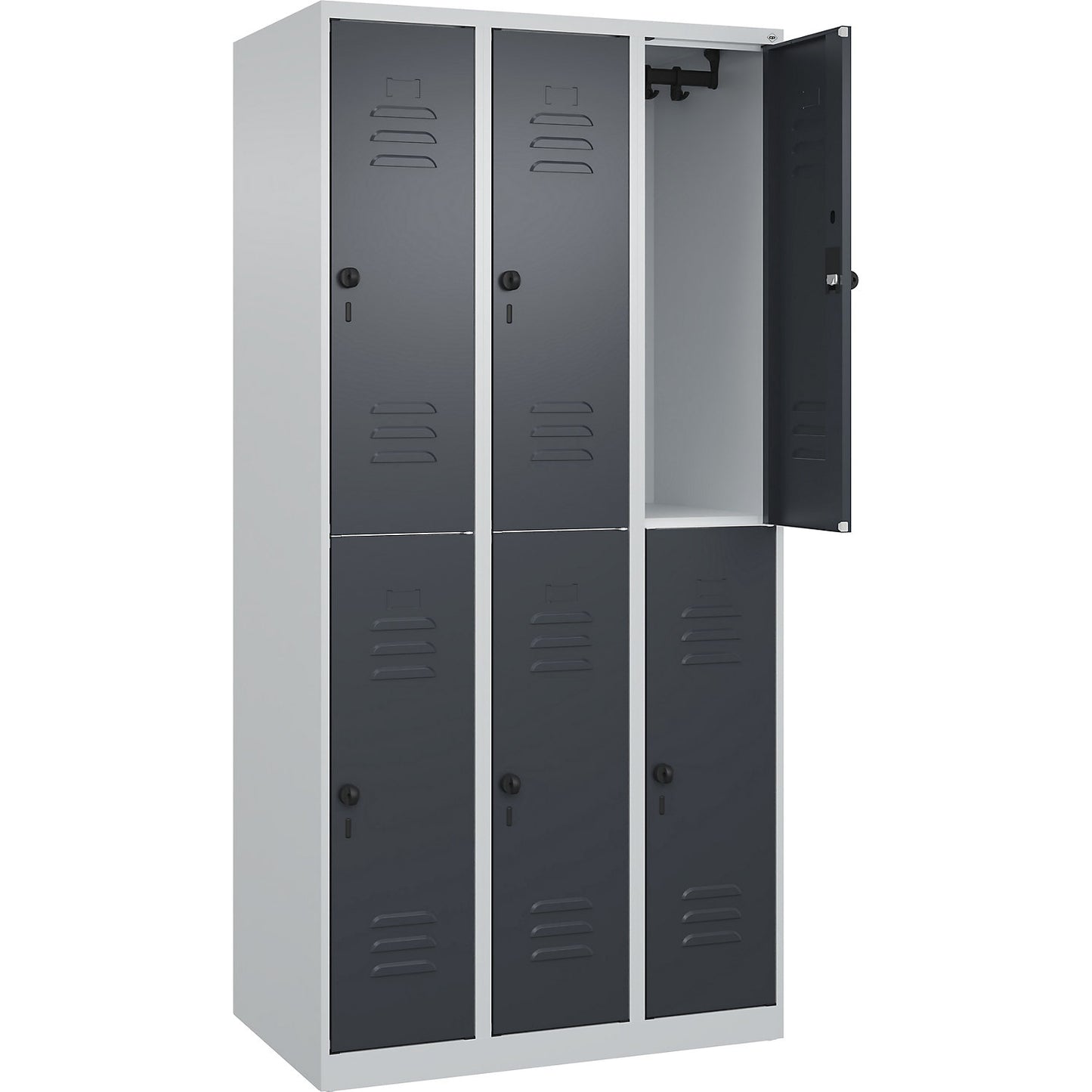 Classic PLUS double deck clothes locker, 3 compartments, light grey/grey, HxW 1850 x 900 mm, with floor glides, rotary bolt.