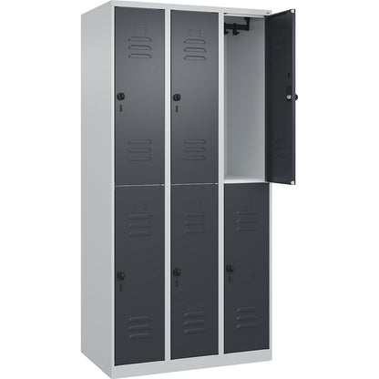 Classic PLUS double deck clothes locker, 3 compartments, light grey/grey, HxW 1850 x 900 mm, with floor glides, rotary bolt.