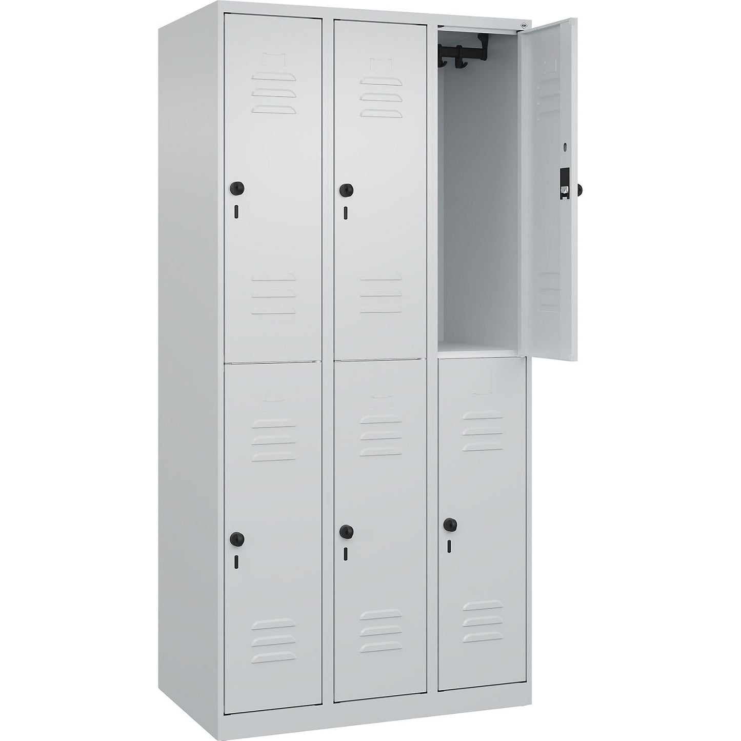 Classic PLUS double deck clothes locker, 3 compartments, light grey, HxW 1850 x 900 mm, with floor glides, rotary bolt.