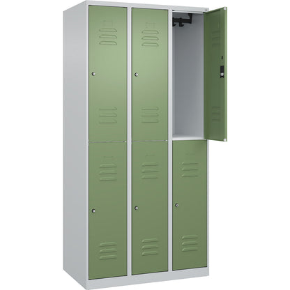 Classic PLUS double deck clothes locker, 3 compartments, light grey/reseda green, HxW 1850 x 900 mm, with floor glides, cylinder lock.