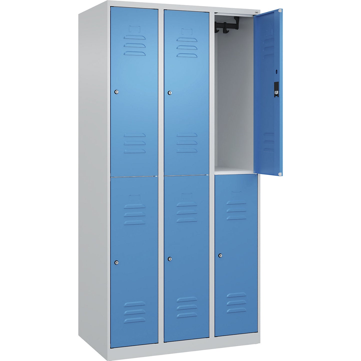 Classic PLUS double deck clothes locker, 3 compartments, light grey/light blue, HxW 1850 x 900 mm, with floor glides, cylinder lock.