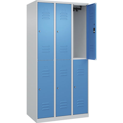 Classic PLUS double deck clothes locker, 3 compartments, light grey/light blue, HxW 1850 x 900 mm, with floor glides, cylinder lock.