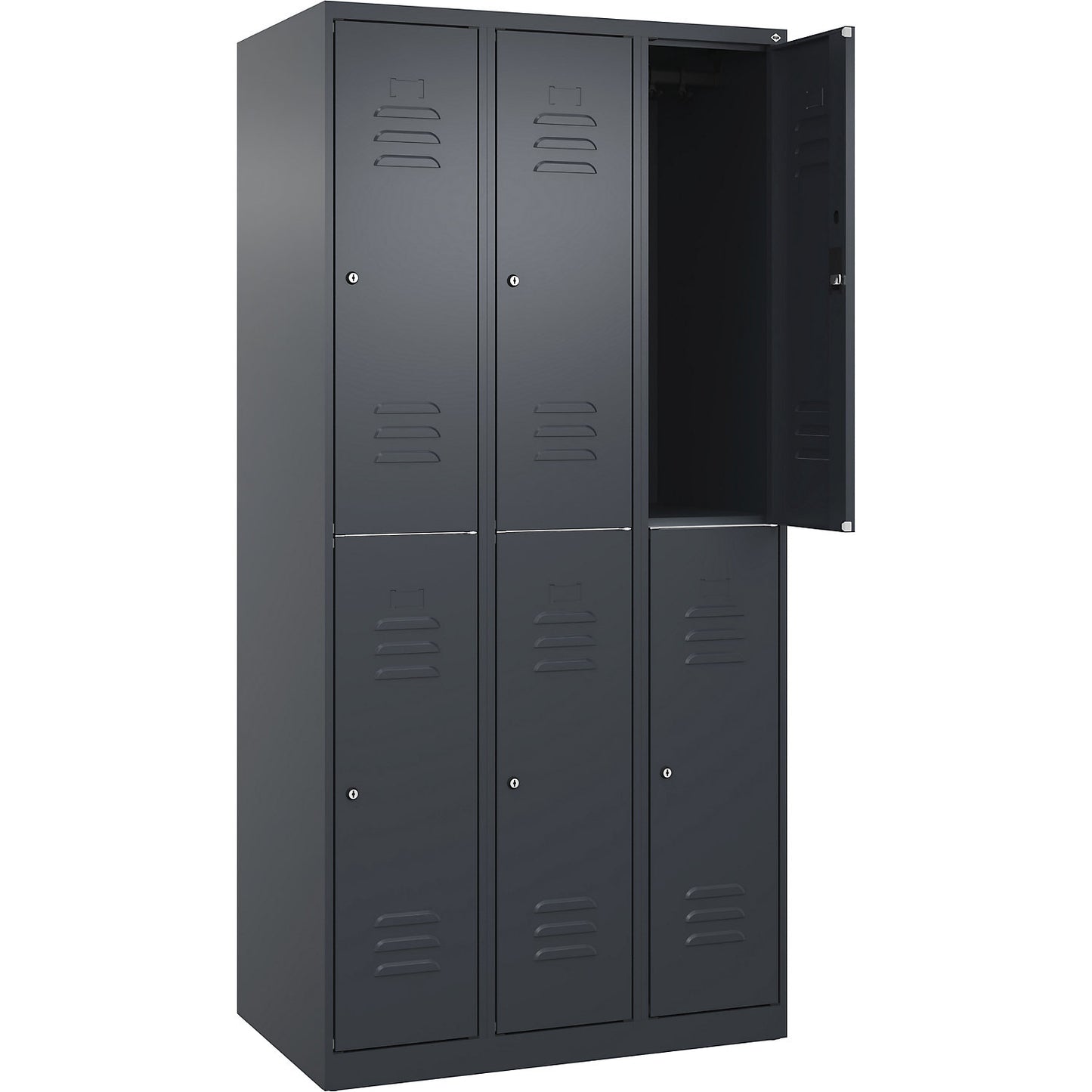 Classic PLUS double deck clothes locker, 3 compartments, grey, HxW 1850 x 900 mm, with floor glides, cylinder lock.