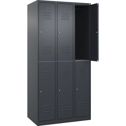 Classic PLUS double deck clothes locker, 3 compartments, grey, HxW 1850 x 900 mm, with floor glides, cylinder lock.