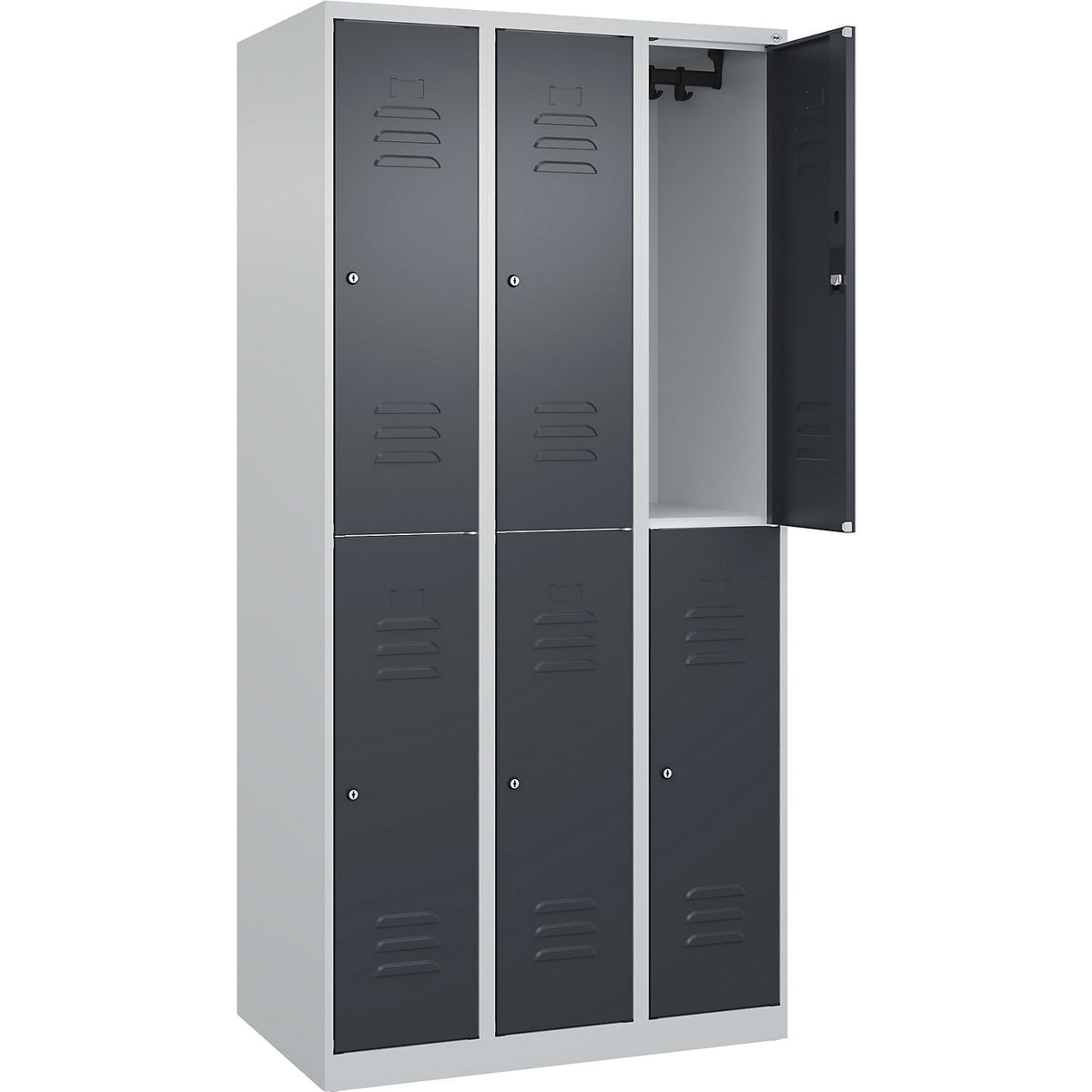 Classic PLUS double deck clothes locker, 3 compartments, light grey/grey, HxW 1850 x 900 mm, with floor glides, cylinder lock.