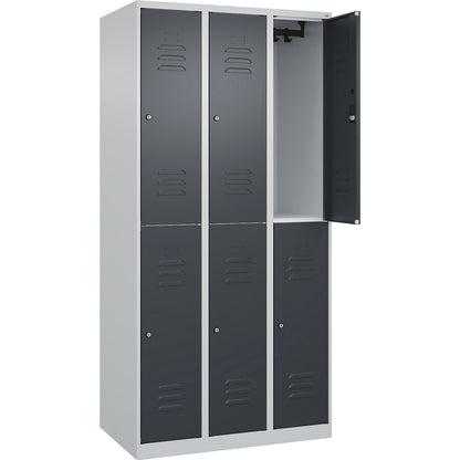 Classic PLUS double deck clothes locker, 3 compartments, light grey/grey, HxW 1850 x 900 mm, with floor glides, cylinder lock.