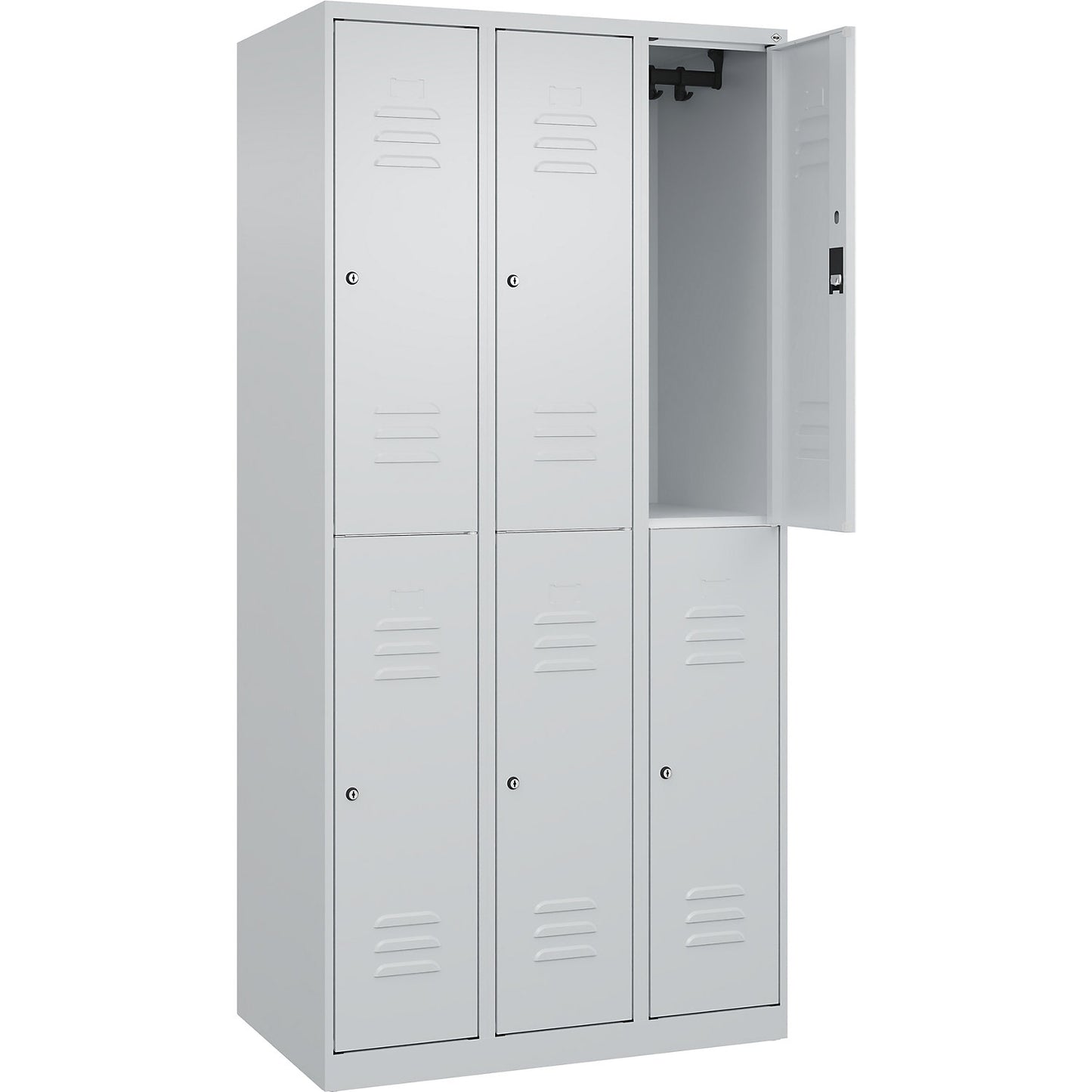 Classic PLUS double deck clothes locker, 3 compartments, light grey, HxW 1850 x 900 mm, with floor glides, cylinder lock.