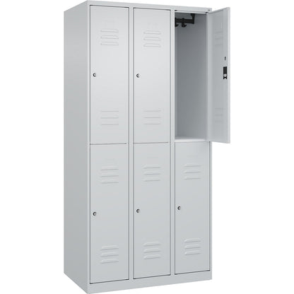 Classic PLUS double deck clothes locker, 3 compartments, light grey, HxW 1850 x 900 mm, with floor glides, cylinder lock.