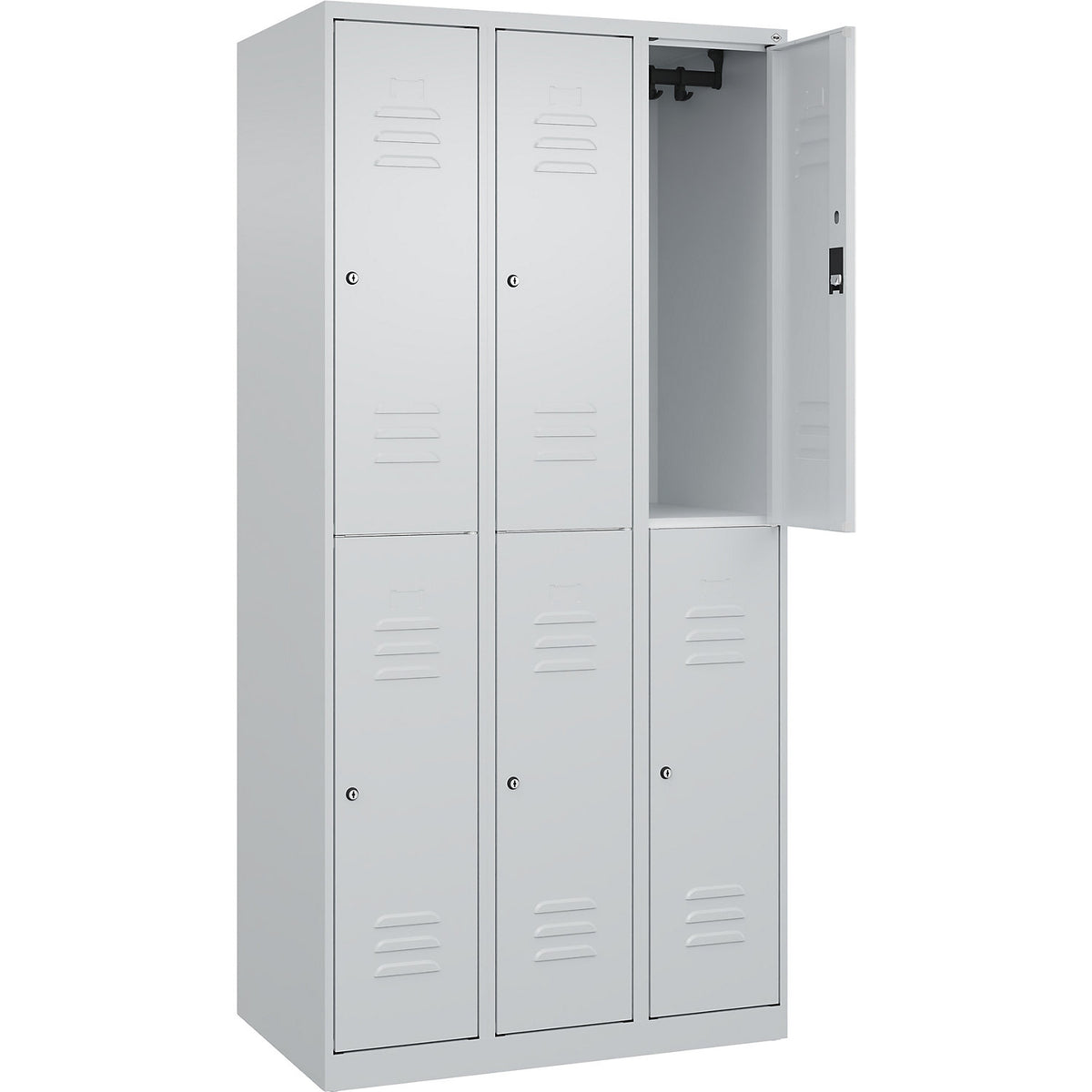 Classic PLUS double deck clothes locker, 3 compartments, light grey, HxW 1850 x 900 mm, with floor glides, cylinder lock.