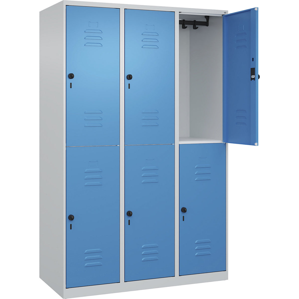 Classic PLUS double deck clothes locker, 3 compartments, light grey/light blue, HxW 1850 x 1200 mm, with floor glides, rotary bolt.