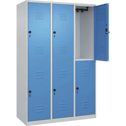 Classic PLUS double deck clothes locker, 3 compartments, light grey/light blue, HxW 1850 x 1200 mm, with floor glides, rotary bolt.