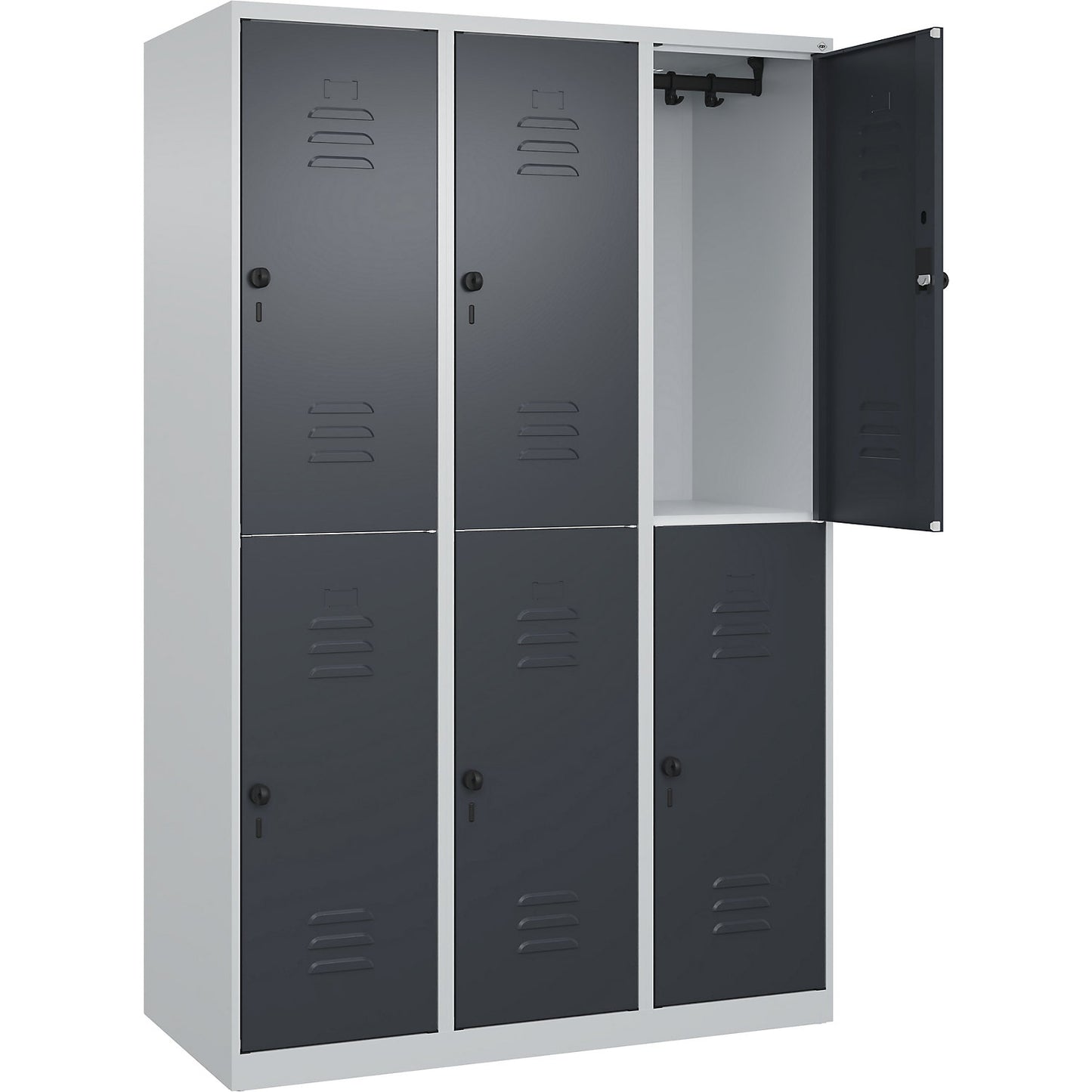 Classic PLUS double deck clothes locker, 3 compartments, light grey/grey, HxW 1850 x 1200 mm, with floor glides, rotary bolt.