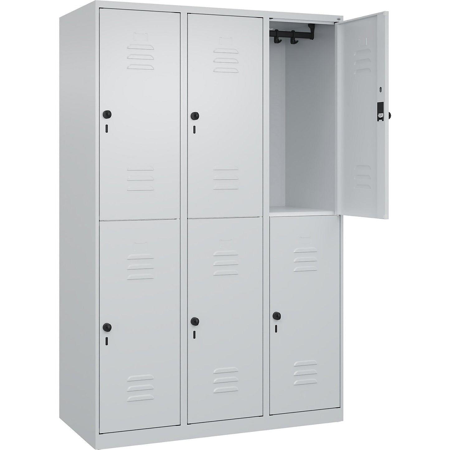 Classic PLUS double deck clothes locker, 3 compartments, light grey, HxW 1850 x 1200 mm, with floor glides, rotary bolt.