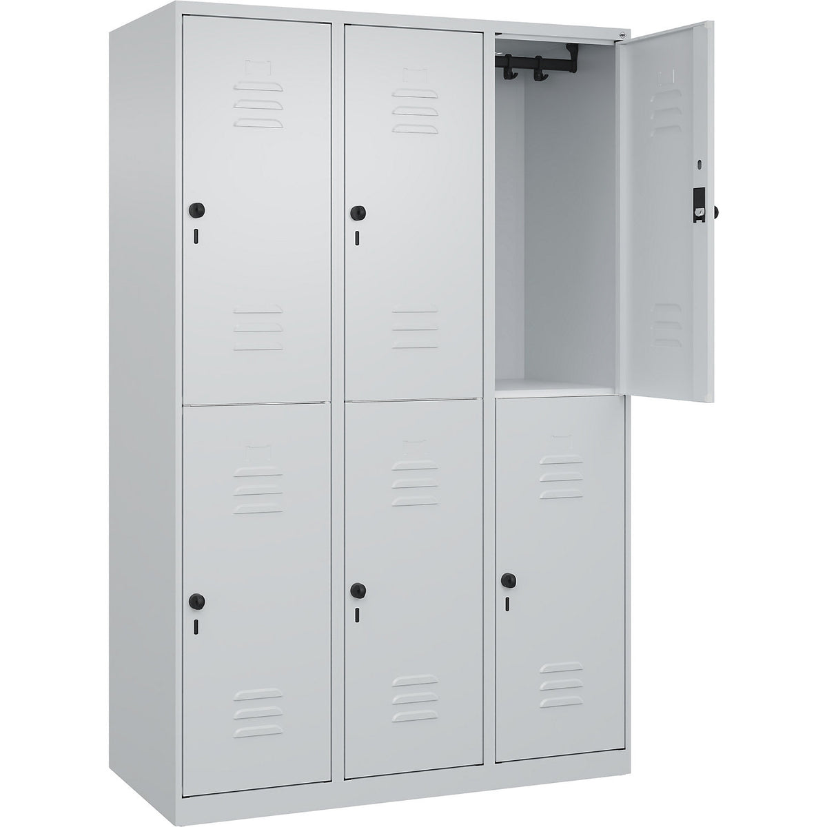 Classic PLUS double deck clothes locker, 3 compartments, light grey, HxW 1850 x 1200 mm, with floor glides, rotary bolt.