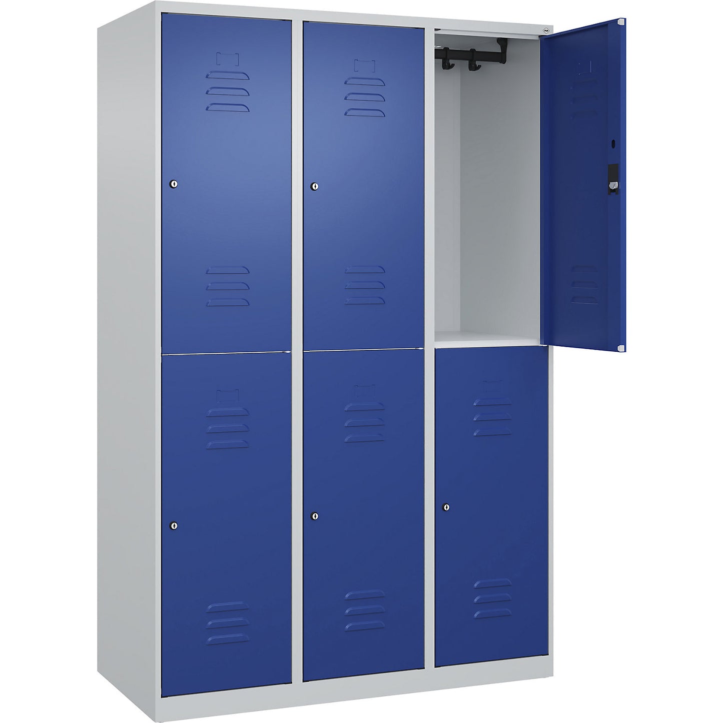 Classic PLUS double deck clothes locker, 3 compartments, light grey/gentian blue, HxW 1850 x 1200 mm, with floor glides, cylinder lock.