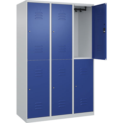 Classic PLUS double deck clothes locker, 3 compartments, light grey/gentian blue, HxW 1850 x 1200 mm, with floor glides, cylinder lock.