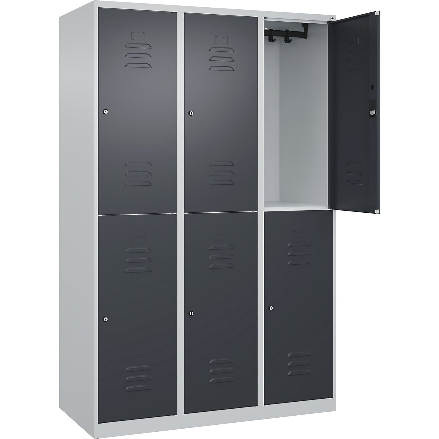 Classic PLUS double deck clothes locker, 3 compartments, light grey/grey, HxW 1850 x 1200 mm, with floor glides, cylinder lock.