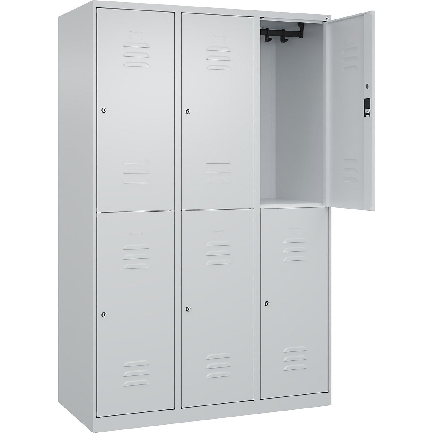 Classic PLUS double deck clothes locker, 3 compartments, light grey, HxW 1850 x 1200 mm, with floor glides, cylinder lock.
