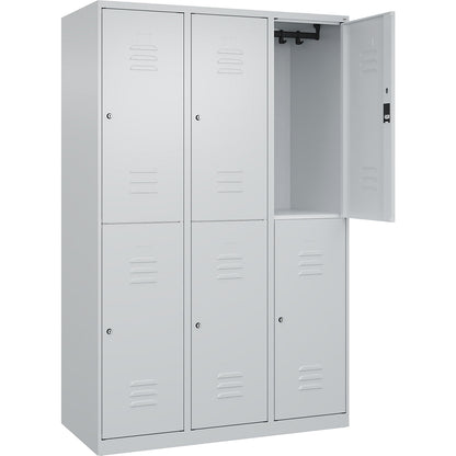 Classic PLUS double deck clothes locker, 3 compartments, light grey, HxW 1850 x 1200 mm, with floor glides, cylinder lock.