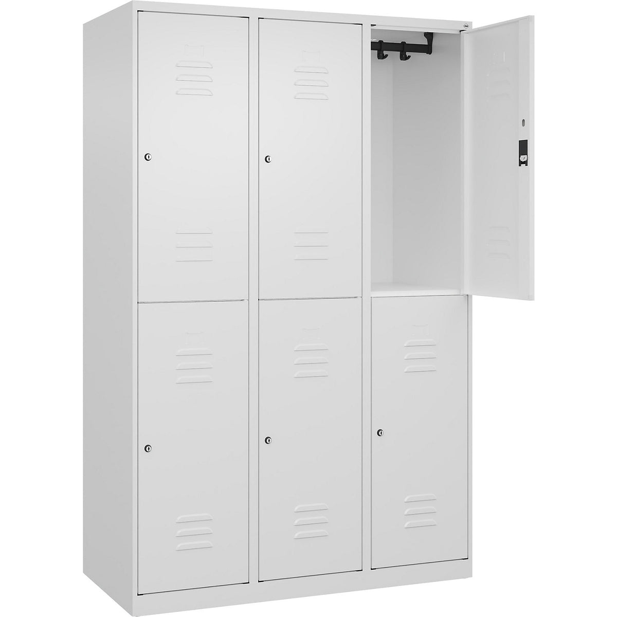 Classic PLUS double deck clothes locker, 3 compartments, traffic white, HxW 1850 x 1200 mm, with floor glides, cylinder lock.