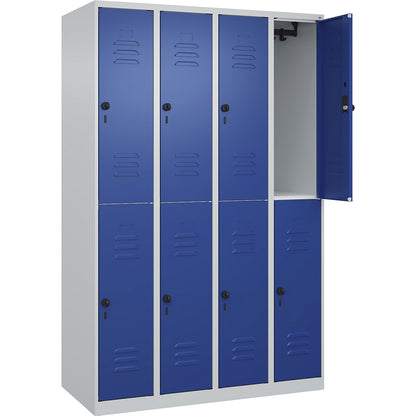 Classic PLUS double deck clothes locker, 4 compartments, light grey/gentian blue, HxW 1850 x 1200 mm, with floor glides, rotary bolt.