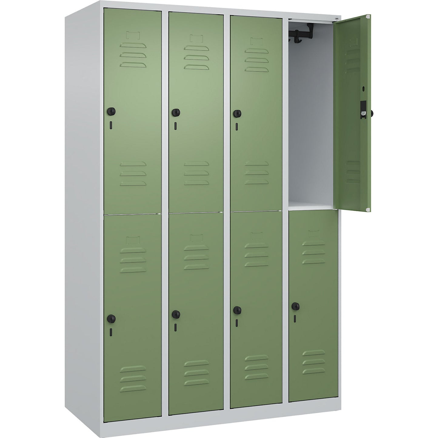 Classic PLUS double deck clothes locker, 4 compartments, light grey/reseda green, HxW 1850 x 1200 mm, with floor glides, rotary bolt.