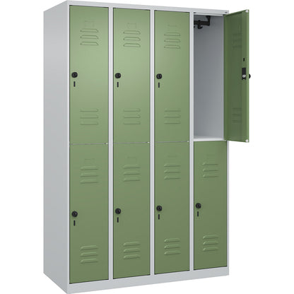 Classic PLUS double deck clothes locker, 4 compartments, light grey/reseda green, HxW 1850 x 1200 mm, with floor glides, rotary bolt.