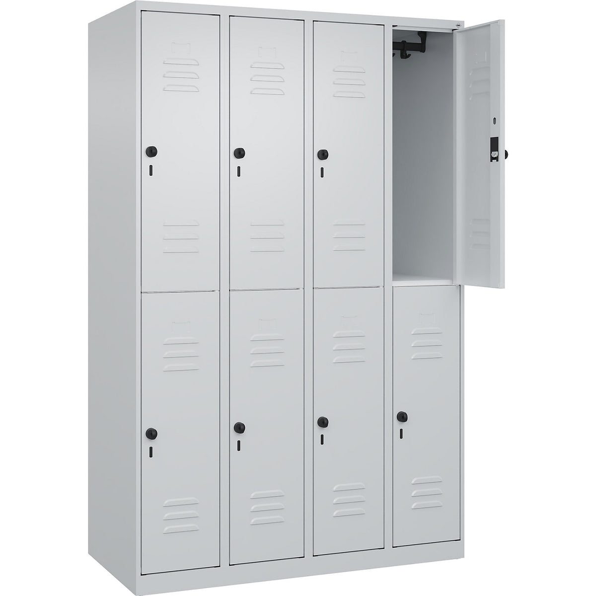 Classic PLUS double deck clothes locker, 4 compartments, light grey, HxW 1850 x 1200 mm, with floor glides, rotary bolt.
