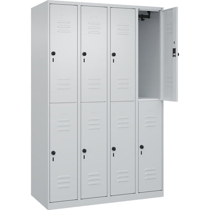 Classic PLUS double deck clothes locker, 4 compartments, light grey, HxW 1850 x 1200 mm, with floor glides, rotary bolt.