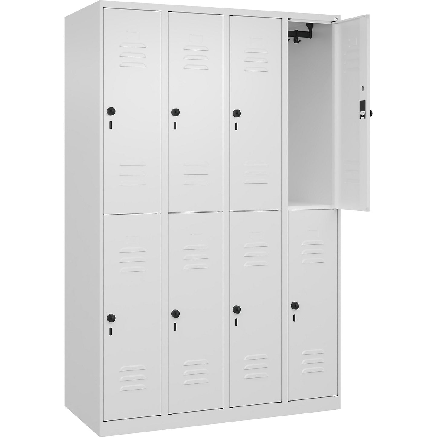 Classic PLUS double deck clothes locker, 4 compartments, traffic white, HxW 1850 x 1200 mm, with floor glides, rotary bolt.