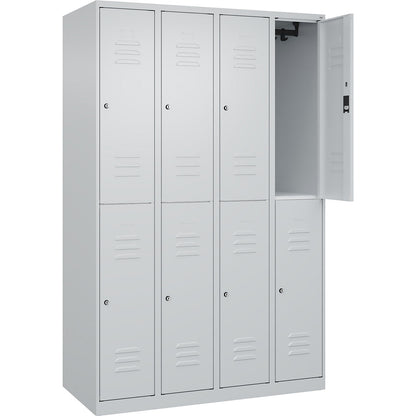Classic PLUS double deck clothes locker, 4 compartments, light grey, HxW 1850 x 1200 mm, with floor glides, cylinder lock.