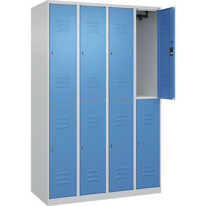 Classic PLUS double deck clothes locker, 4 compartments, light grey/light blue, HxW 1850 x 1200 mm, with floor glides, cylinder lock.
