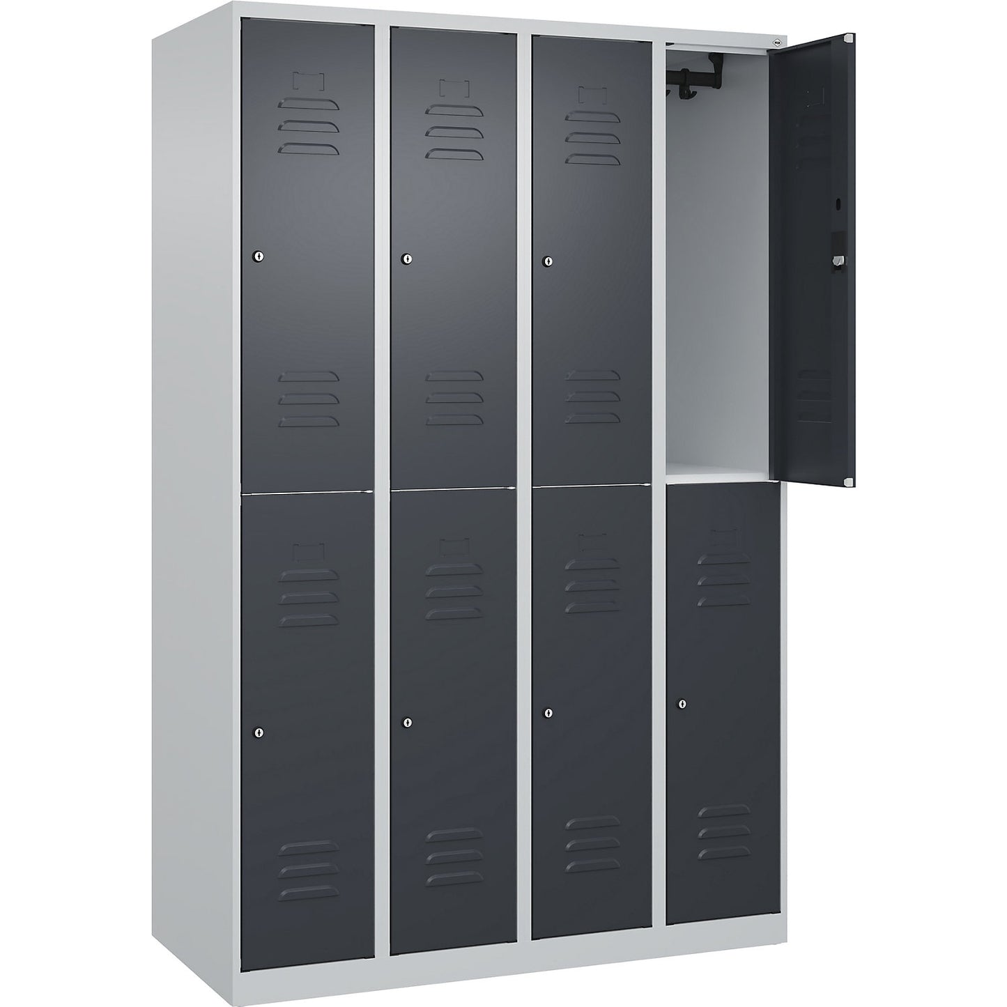 Classic PLUS double deck clothes locker, 4 compartments, light grey/grey, HxW 1850 x 1200 mm, with floor glides, cylinder lock.