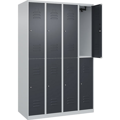 Classic PLUS double deck clothes locker, 4 compartments, light grey/grey, HxW 1850 x 1200 mm, with floor glides, cylinder lock.