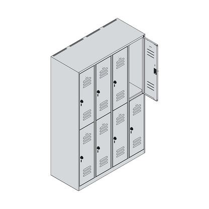 Classic PLUS double deck clothes locker, 4 compartments, light grey/gentian blue, HxW 1850 x 1200 mm, with floor glides, rotary bolt.