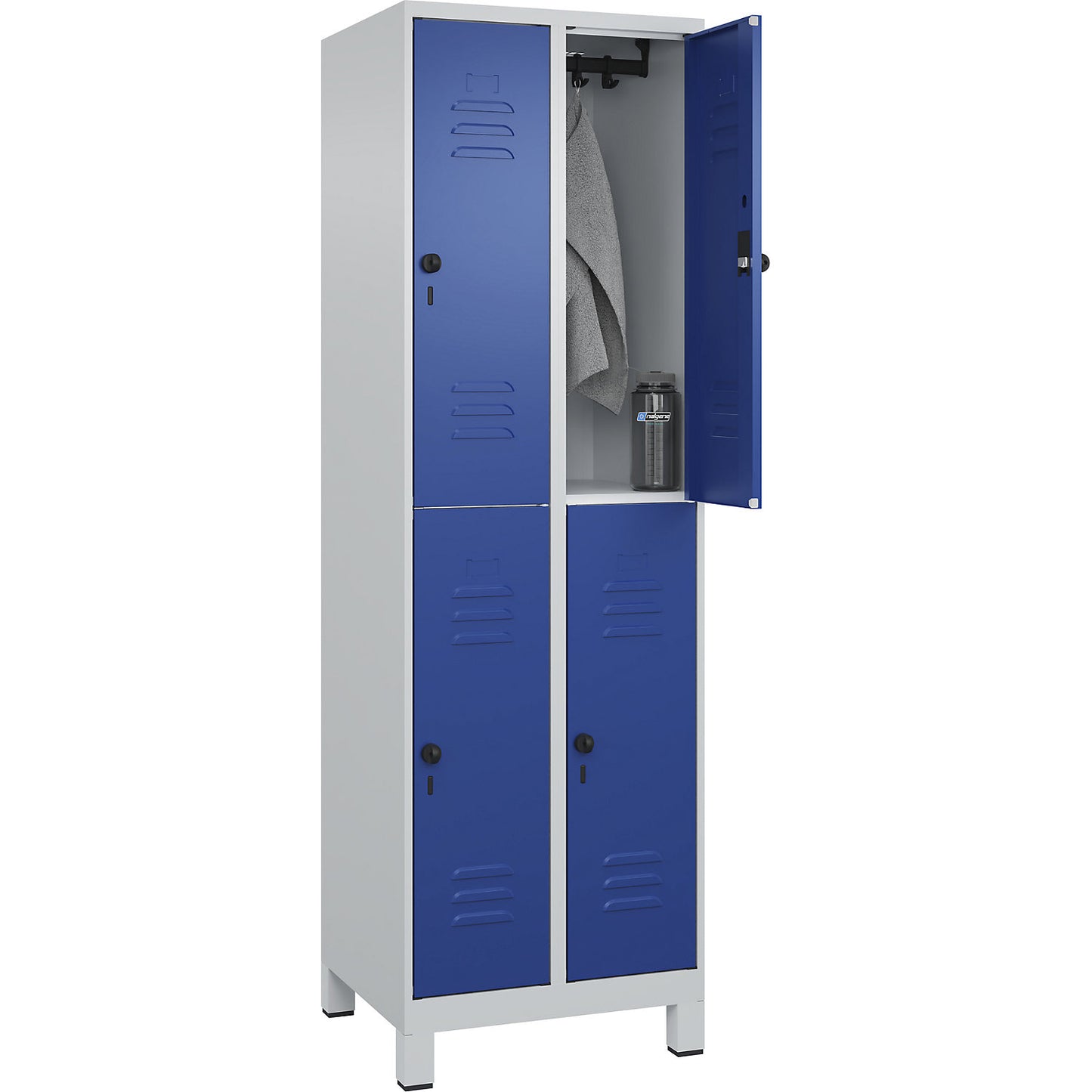 Classic PLUS double deck clothes locker, 2 compartments, light grey/gentian blue, HxW 1950 x 600 mm, with feet, rotary bolt.