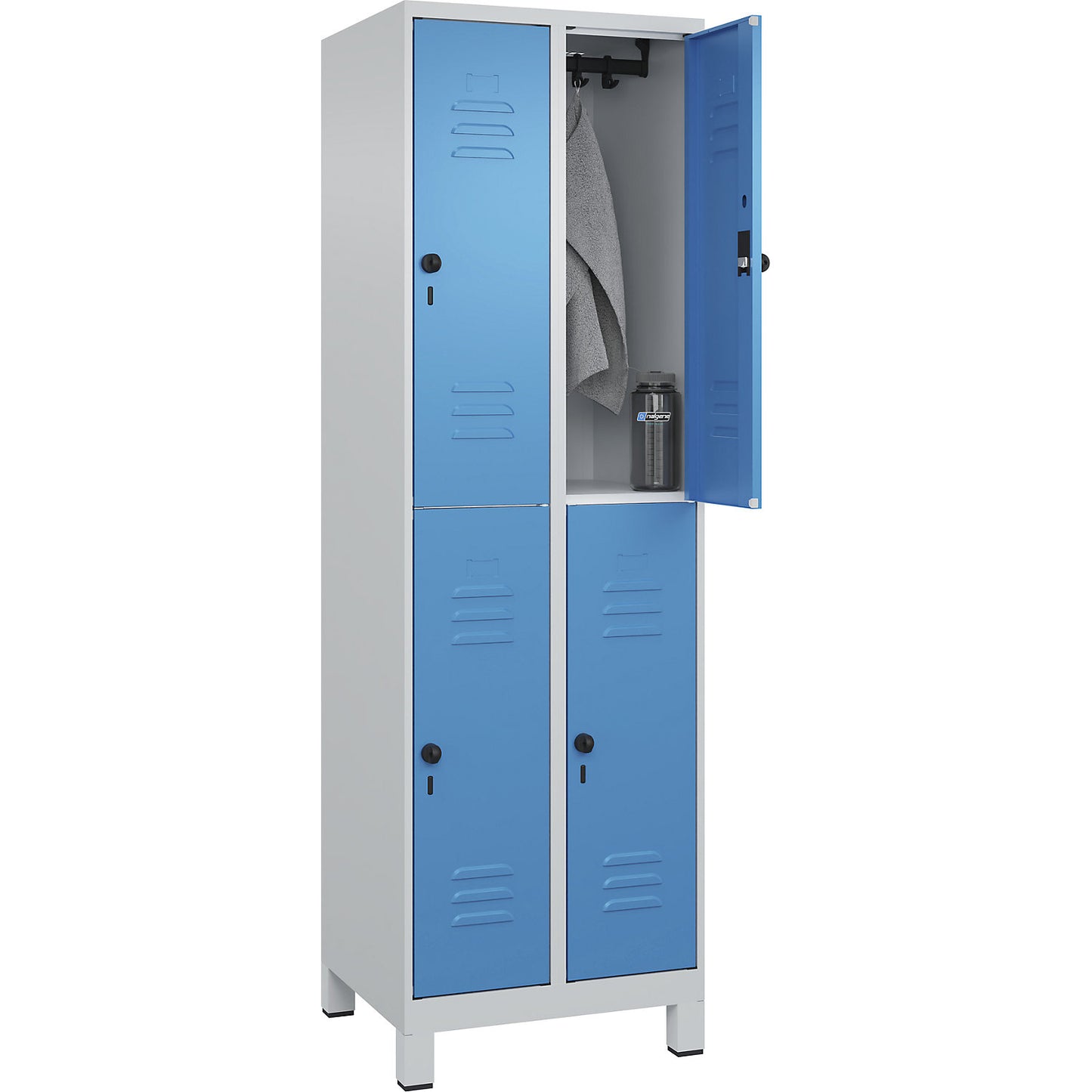 Classic PLUS double deck clothes locker, 2 compartments, light grey/light blue, HxW 1950 x 600 mm, with feet, rotary bolt.