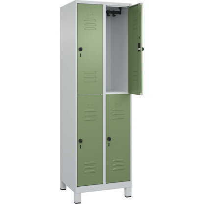 Classic PLUS double deck clothes locker, 2 compartments, light grey/reseda green, HxW 1950 x 600 mm, with feet, rotary bolt.