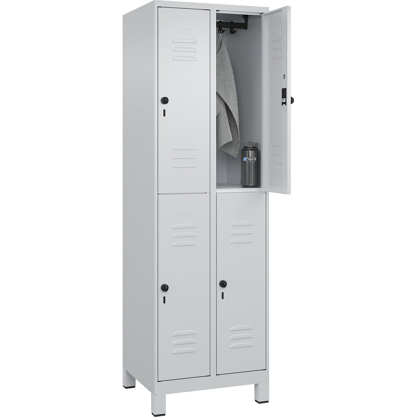 Classic PLUS double deck clothes locker, 2 compartments, light grey, HxW 1950 x 600 mm, with feet, rotary bolt.