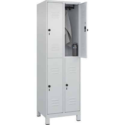 Classic PLUS double deck clothes locker, 2 compartments, light grey, HxW 1950 x 600 mm, with feet, rotary bolt.