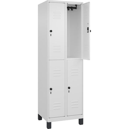 Classic PLUS double deck clothes locker, 2 compartments, traffic white, HxW 1950 x 600 mm, with feet, rotary bolt.