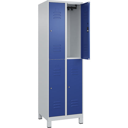 Classic PLUS double deck clothes locker, 2 compartments, light grey/gentian blue, HxW 1950 x 600 mm, with feet, cylinder lock.