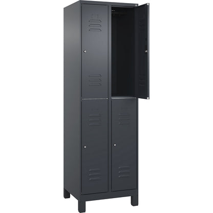 Classic PLUS double deck clothes locker, 2 compartments, grey, HxW 1950 x 600 mm, with feet, cylinder lock.